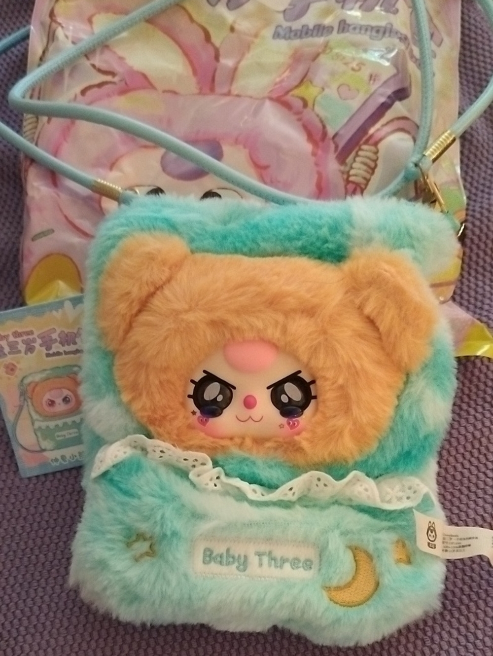 Plush Baby Three Crossbody Bag for Kids - Aqua and Peach